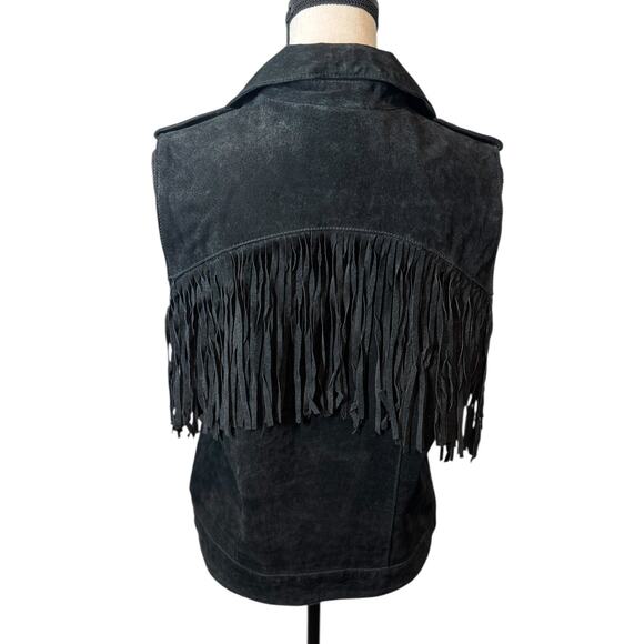 Forever 21 Black Suede Leather Fringe Vest Large‎ Western Biker Rodeo Edgy - Picture 3 of 7
